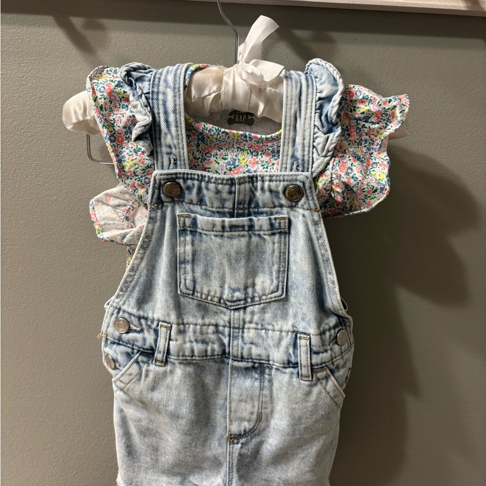 Stylish Denim Overalls for Kids with a brannan bear bodysuit that’s NWT.